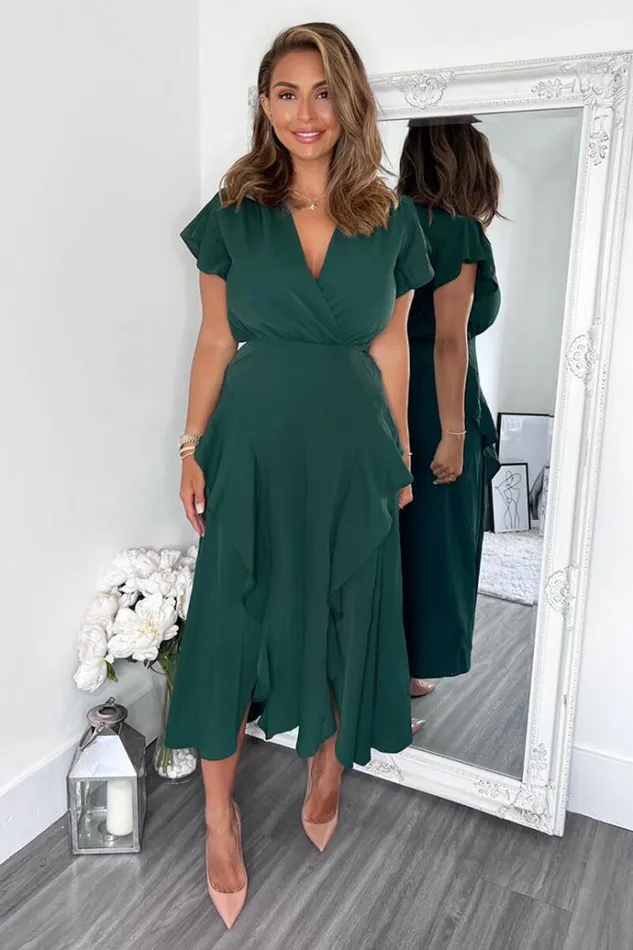 AX Paris Teal Frill Detail Double Split Skirt Midi Dress Women Dresses