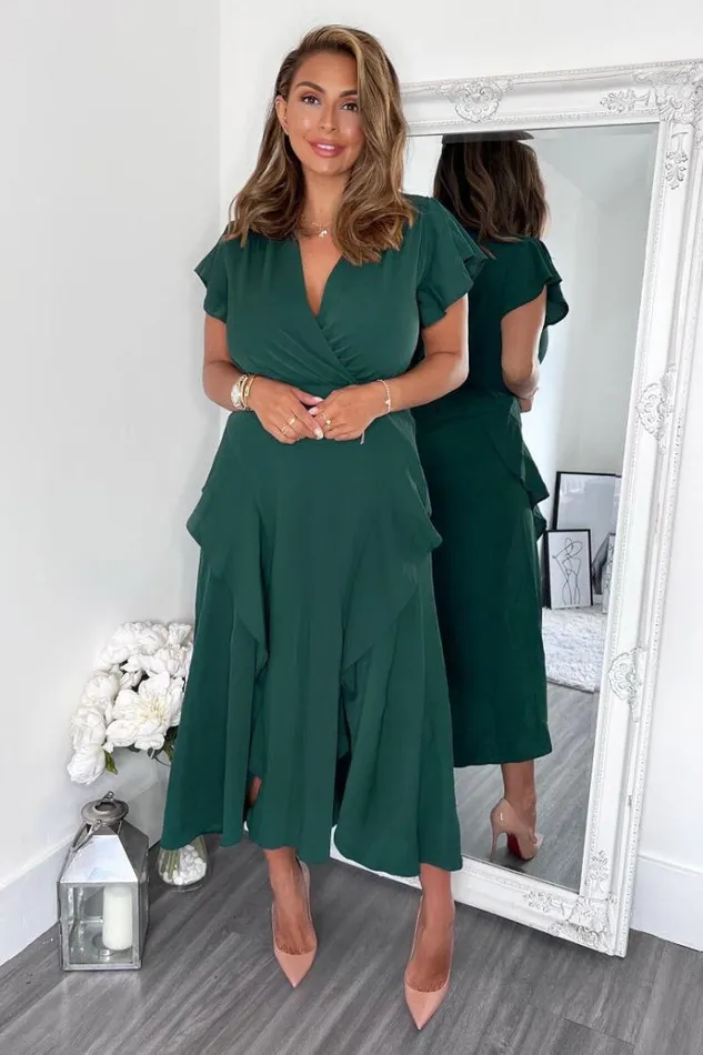 AX Paris Teal Frill Detail Double Split Skirt Midi Dress Women Dresses