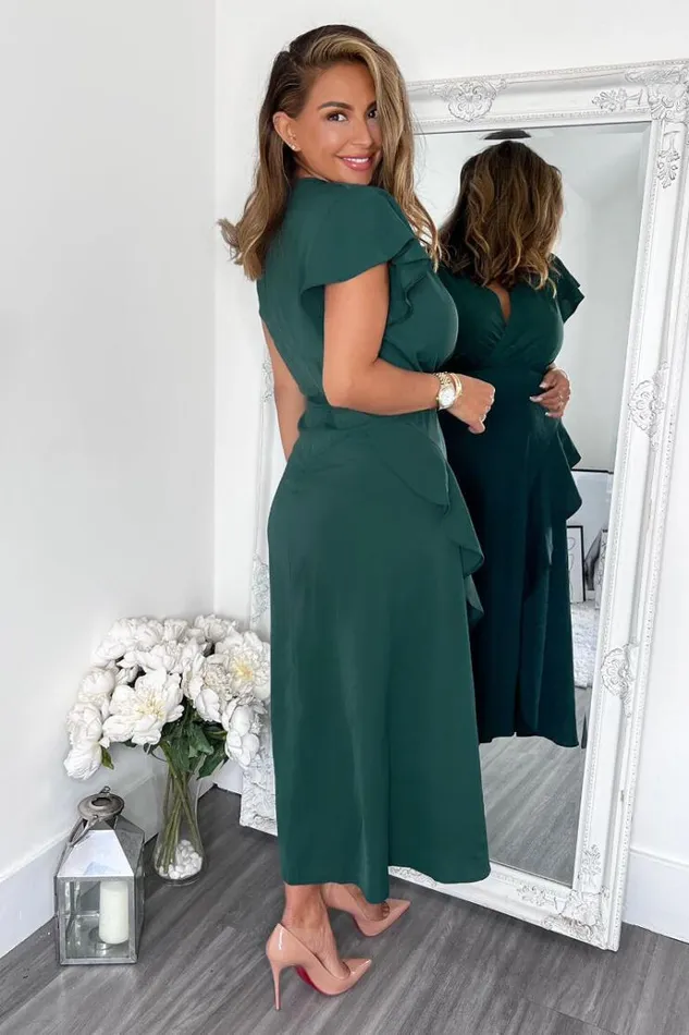 AX Paris Teal Frill Detail Double Split Skirt Midi Dress Women Dresses