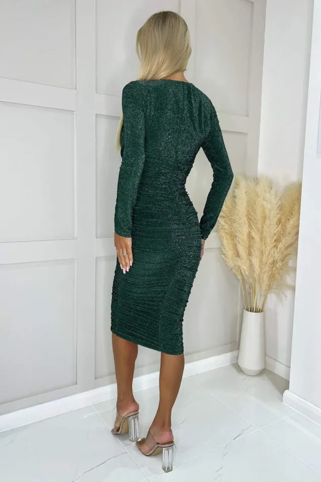 AX Paris Teal Glitter Long Sleeve Ruched Bodycon Dress Women Dresses