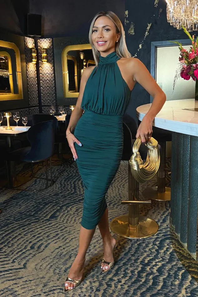 AX Paris Teal Halter Neck Ruched Bodycon Midi Dress Women Dresses