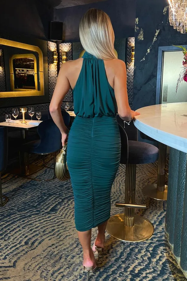 AX Paris Teal Halter Neck Ruched Bodycon Midi Dress Women Dresses