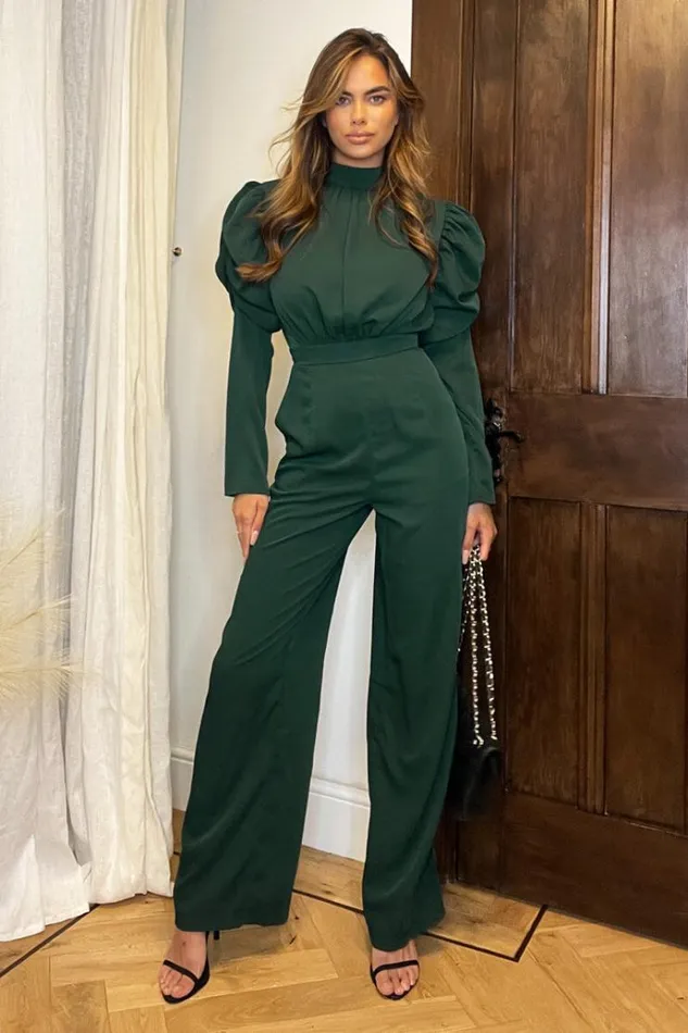 AX Paris Teal High Neck Puff Sleeve Jumpsuit Women Jumpsuits And Playsuits