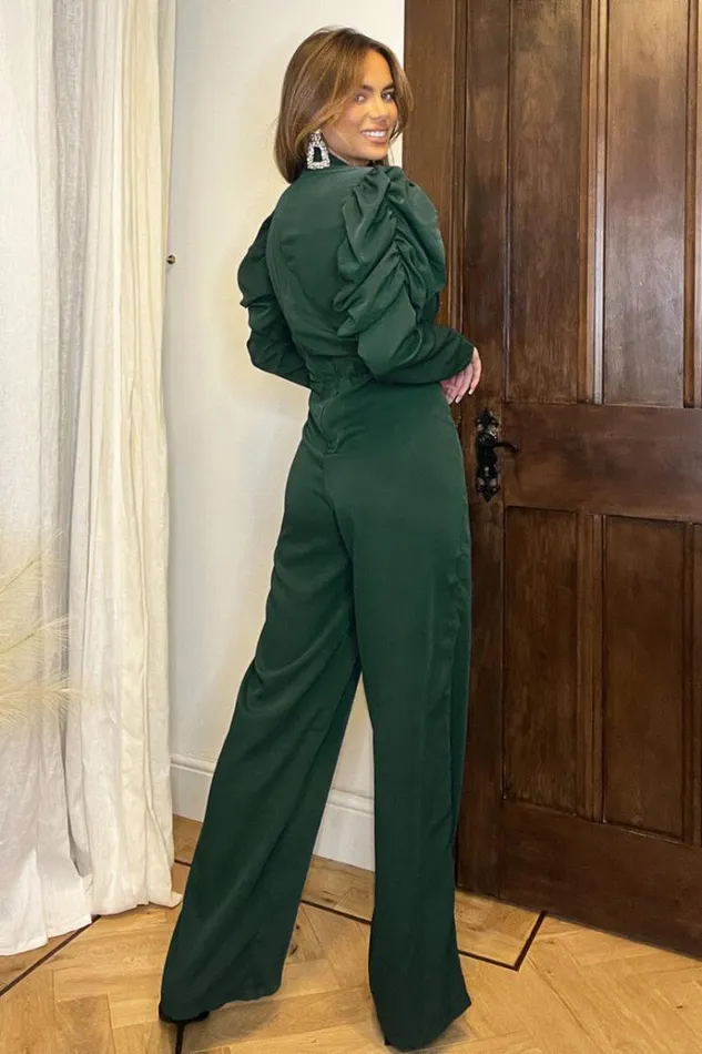 AX Paris Teal High Neck Puff Sleeve Jumpsuit Women Jumpsuits And Playsuits