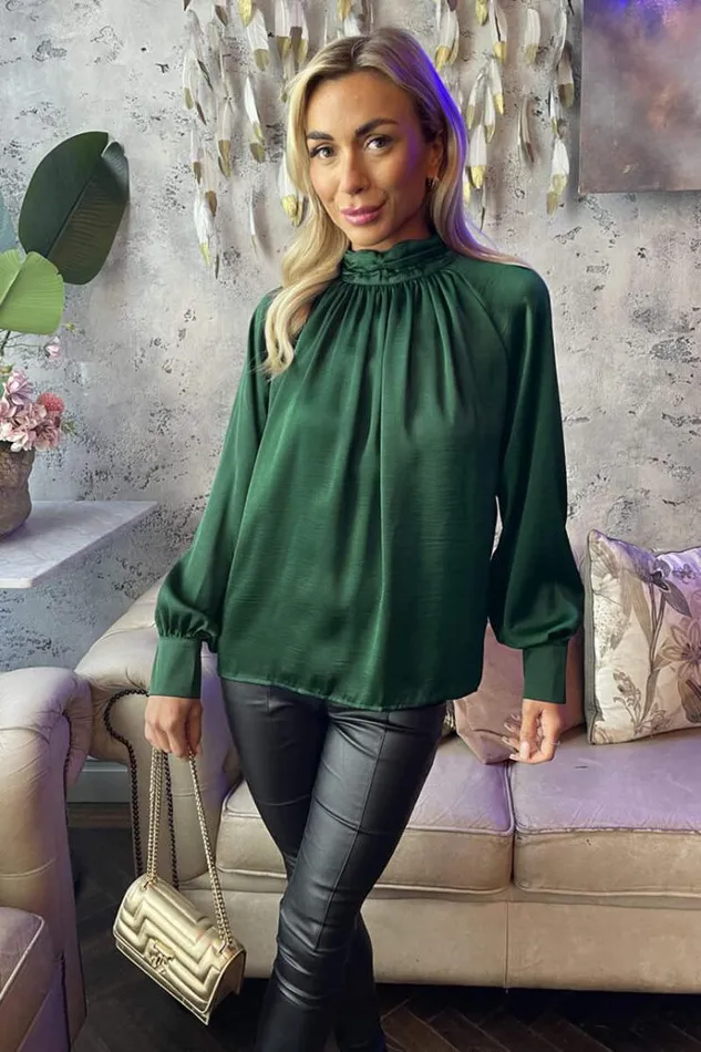 AX Paris Teal High Neck Satin Long Sleeve Top Women Tops