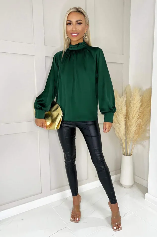 AX Paris Teal High Neck Satin Long Sleeve Top Women Tops