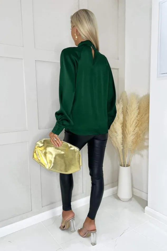 AX Paris Teal High Neck Satin Long Sleeve Top Women Tops