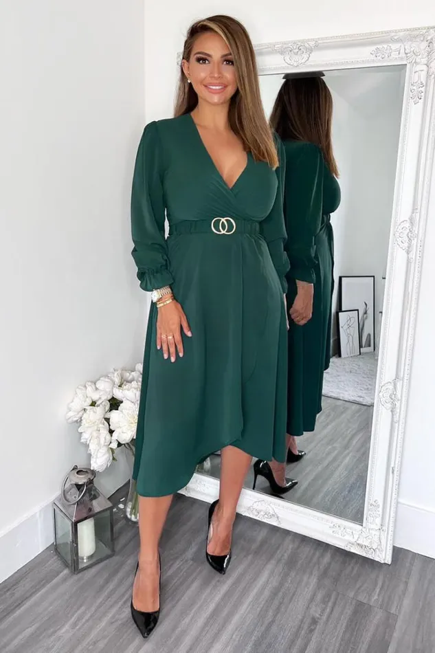 AX Paris Teal Long Sleeve Belted Midi Dress Women Dresses