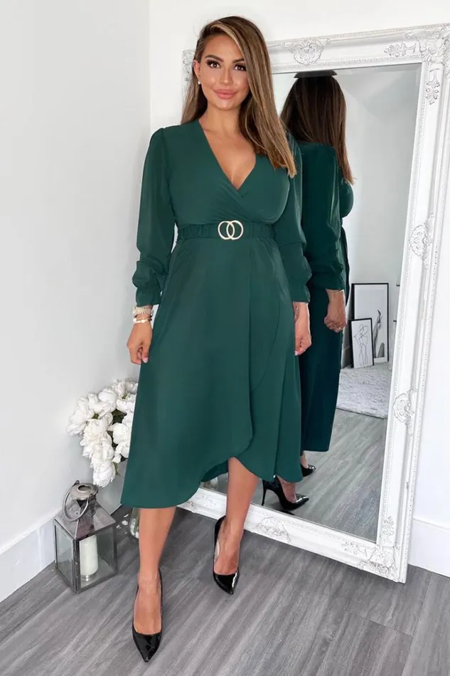 AX Paris Teal Long Sleeve Belted Midi Dress Women Dresses