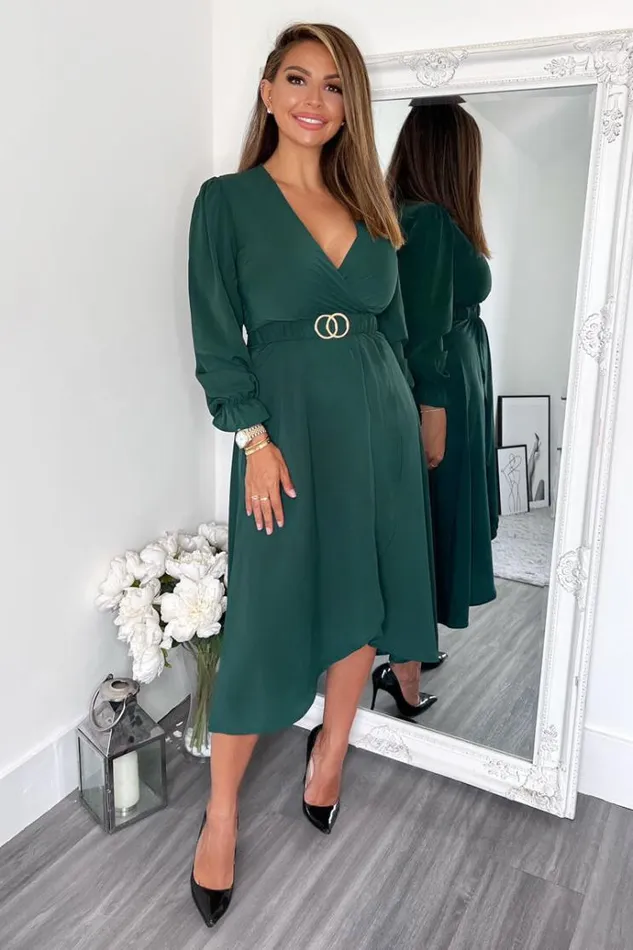 AX Paris Teal Long Sleeve Belted Midi Dress Women Dresses