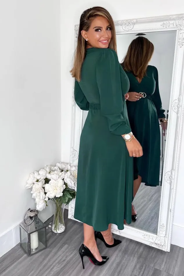 AX Paris Teal Long Sleeve Belted Midi Dress Women Dresses