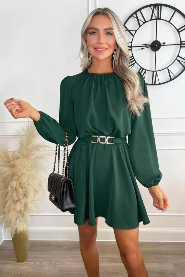 AX Paris Teal Long Sleeve Belted Skater Dress Women Dresses