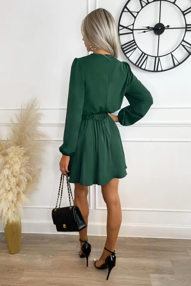 AX Paris Teal Long Sleeve Belted Skater Dress Women Dresses