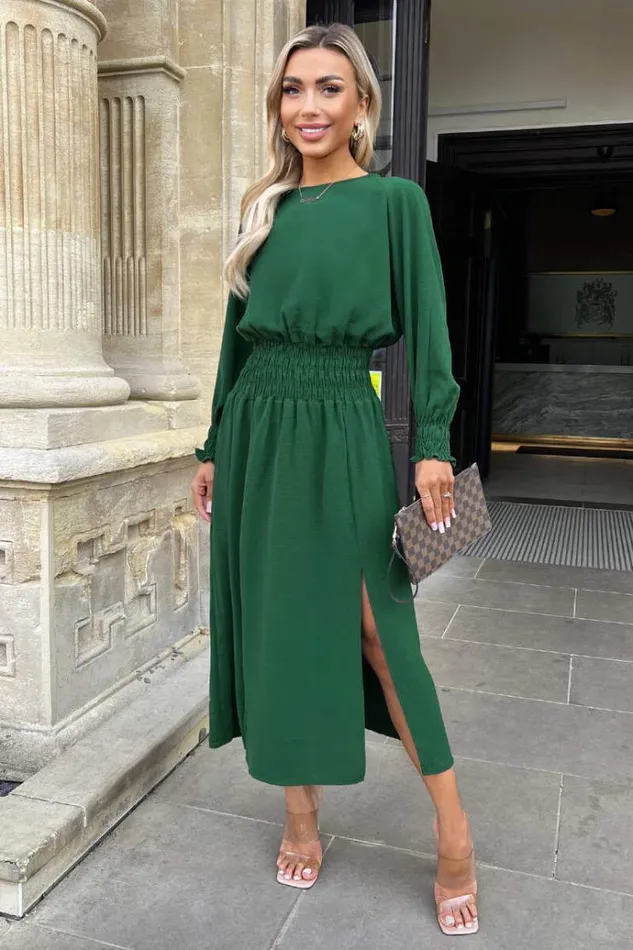 AX Paris Teal Long Sleeve Shirred Detail Midi Dress Women Dresses