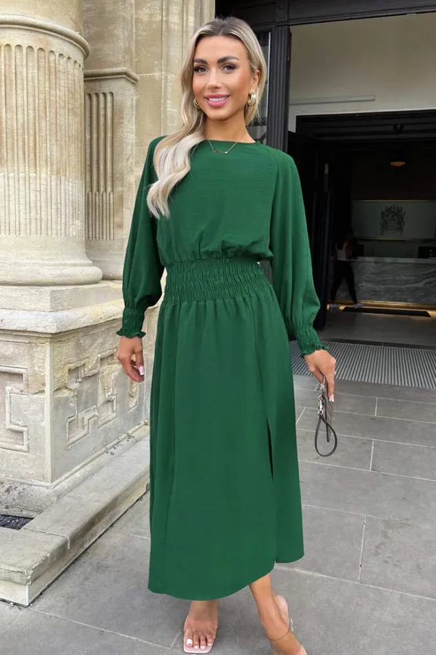 AX Paris Teal Long Sleeve Shirred Detail Midi Dress Women Dresses