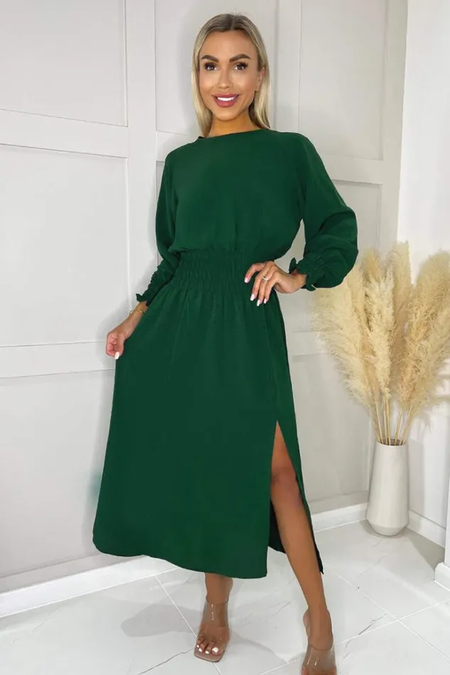 AX Paris Teal Long Sleeve Shirred Detail Midi Dress Women Dresses