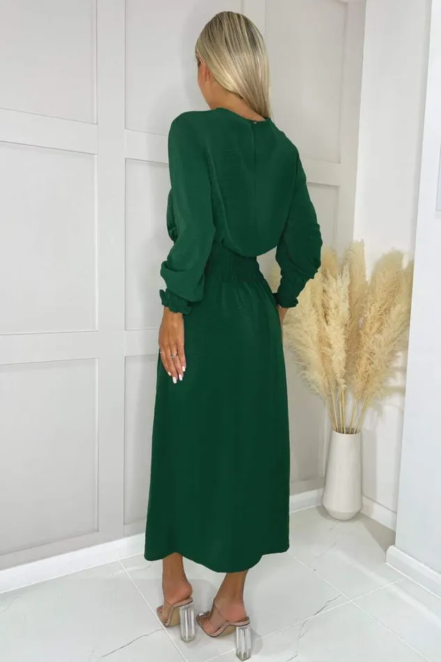 AX Paris Teal Long Sleeve Shirred Detail Midi Dress Women Dresses