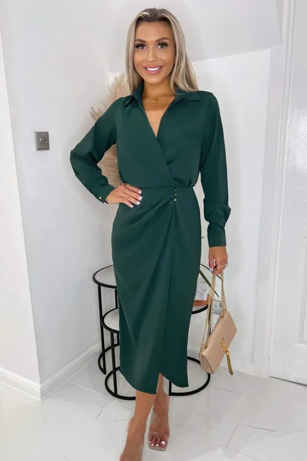 AX Paris Teal Long Sleeve Side Ruched Wrap Over Midi Dress Women Dresses