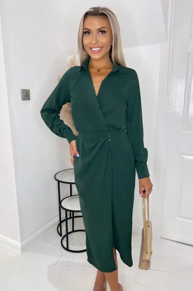 AX Paris Teal Long Sleeve Side Ruched Wrap Over Midi Dress Women Dresses