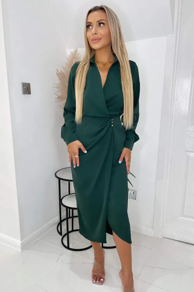 AX Paris Teal Long Sleeve Side Ruched Wrap Over Midi Dress Women Dresses