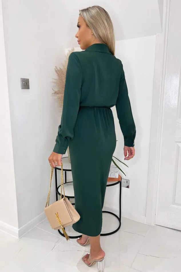 AX Paris Teal Long Sleeve Side Ruched Wrap Over Midi Dress Women Dresses