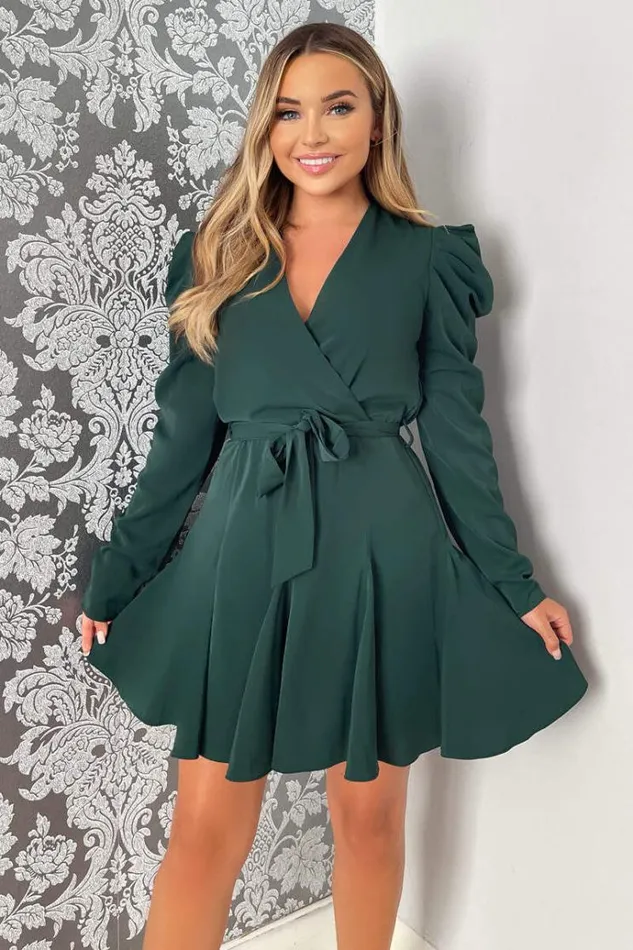 AX Paris Teal Long Sleeve Tie Waist Skater Dress Women Dresses