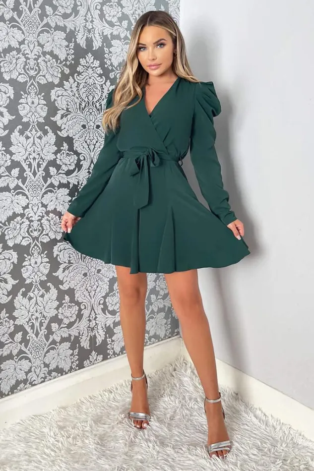 AX Paris Teal Long Sleeve Tie Waist Skater Dress Women Dresses