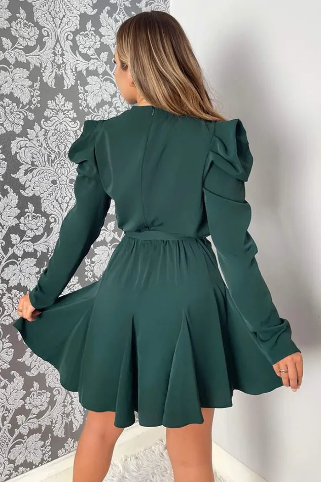 AX Paris Teal Long Sleeve Tie Waist Skater Dress Women Dresses
