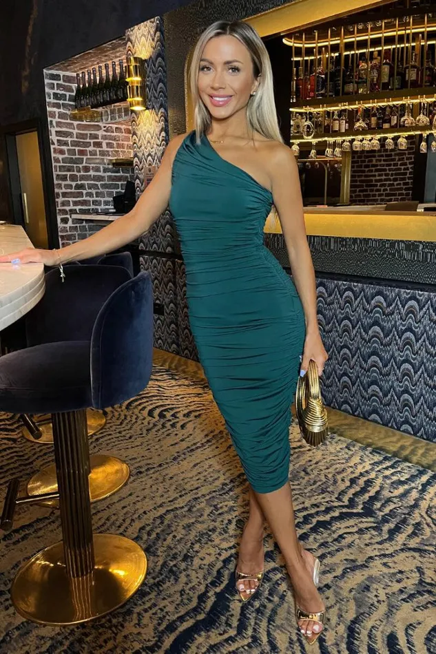 AX Paris Teal One Shoulder Bodycon Ruched Midi Dress Women Dresses