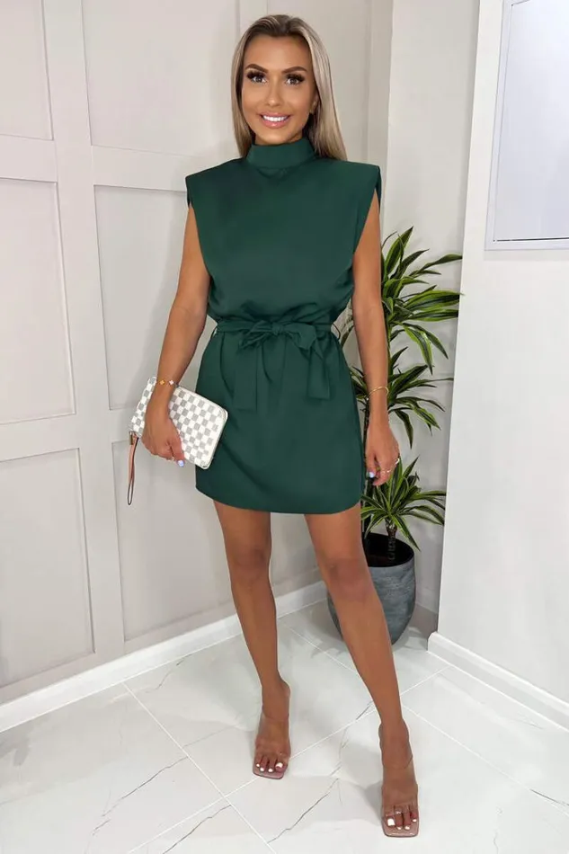 AX Paris Teal Padded Shoulder Belted Mini Dress Women Dresses