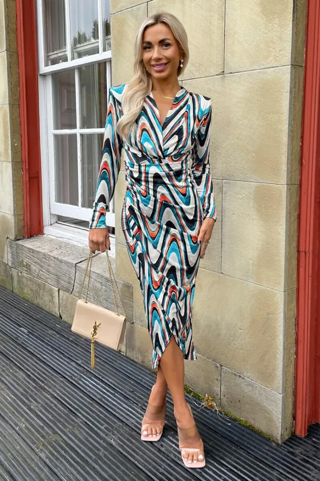 AX Paris Teal Printed Long Sleeve Wrap Midi Dress Women Dresses