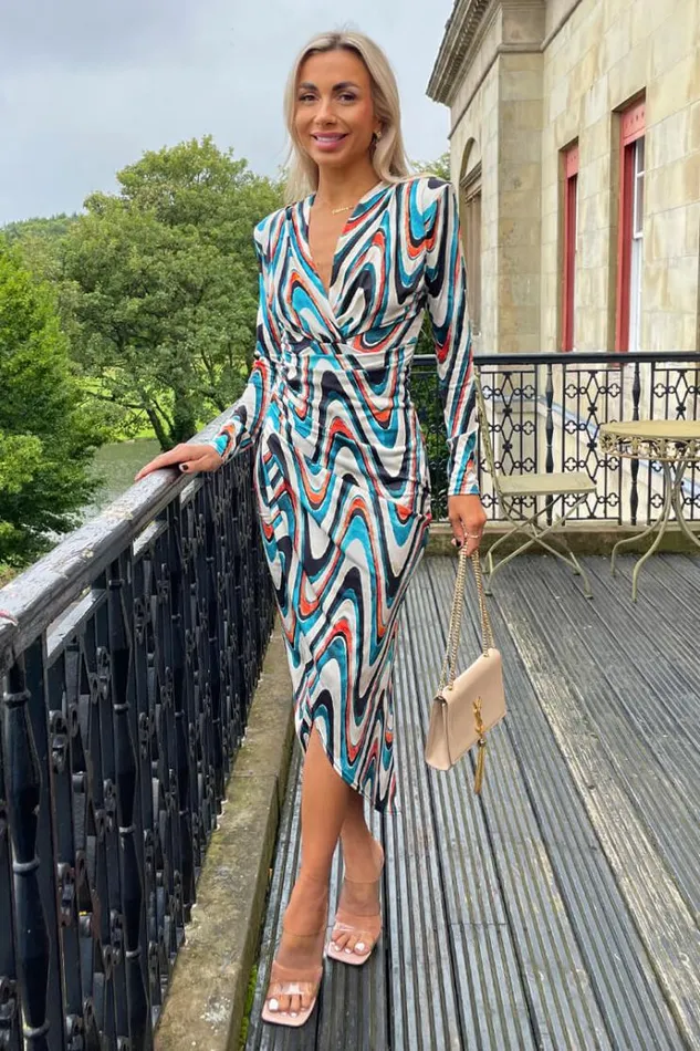 AX Paris Teal Printed Long Sleeve Wrap Midi Dress Women Dresses