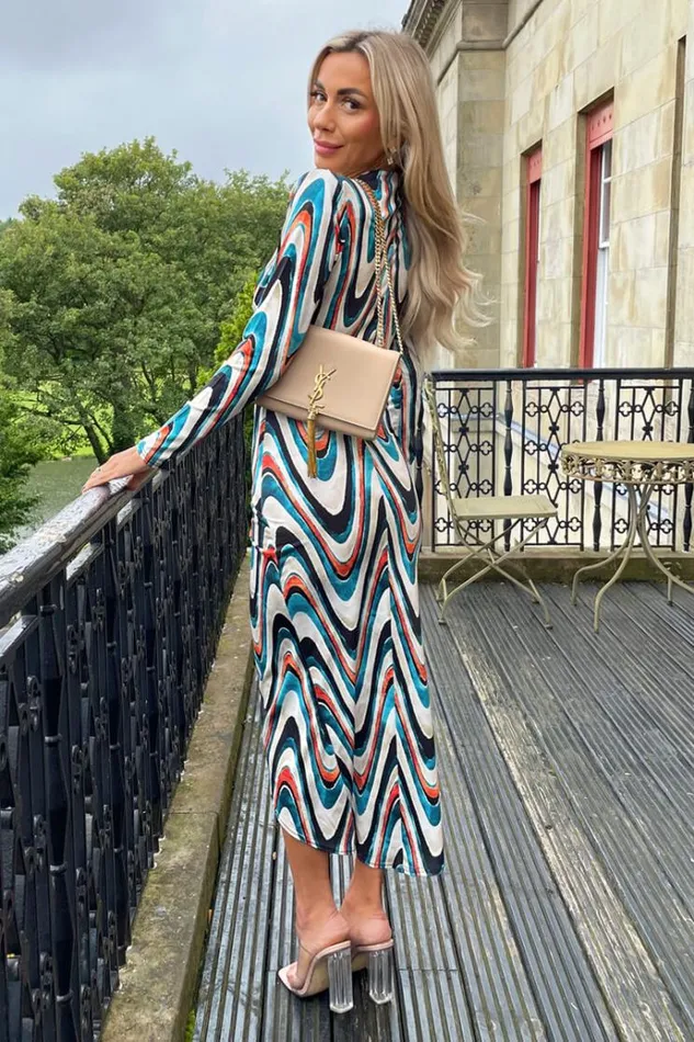 AX Paris Teal Printed Long Sleeve Wrap Midi Dress Women Dresses