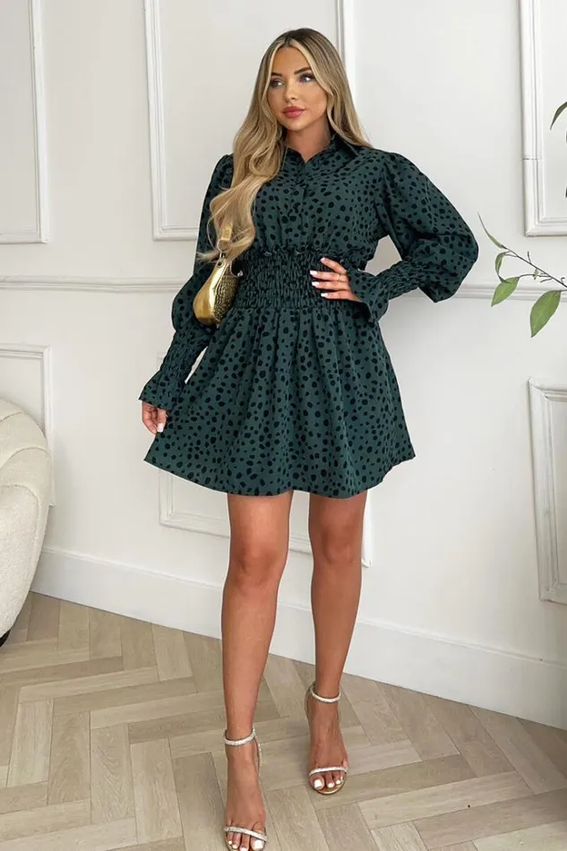AX Paris Teal Printed Shirred Detail Long Sleeve Shirt Skater Dress Women Dresses