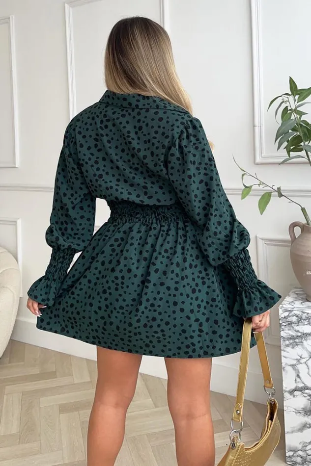 AX Paris Teal Printed Shirred Detail Long Sleeve Shirt Skater Dress Women Dresses