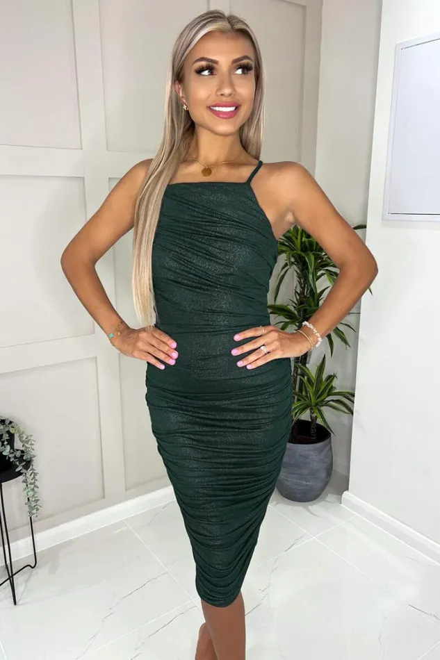AX Paris Teal Ruched Bodycon Shimmer Midi Dress Women Dresses