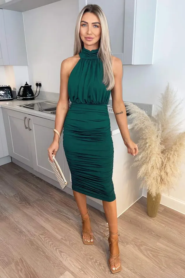 AX Paris Teal Ruched High Neck Midi Dress Women Dresses