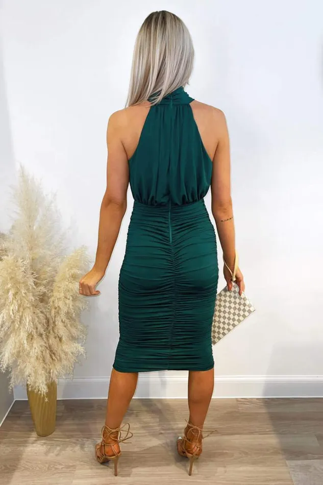 AX Paris Teal Ruched High Neck Midi Dress Women Dresses