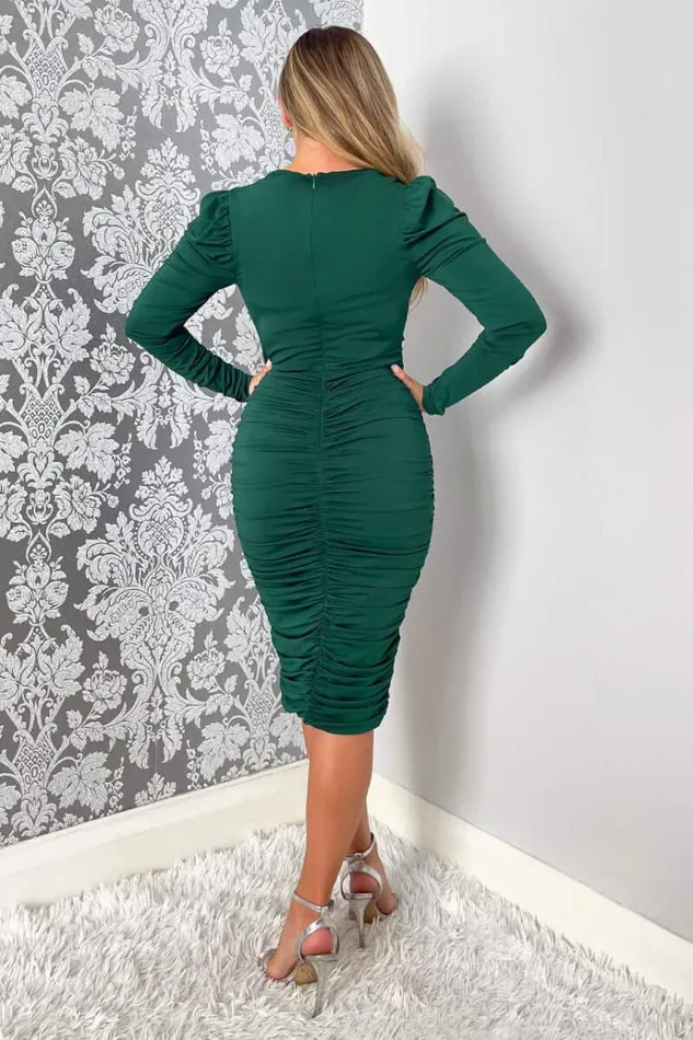 AX Paris Teal Ruched Long Sleeve Cross Front Midi Dress Women Dresses