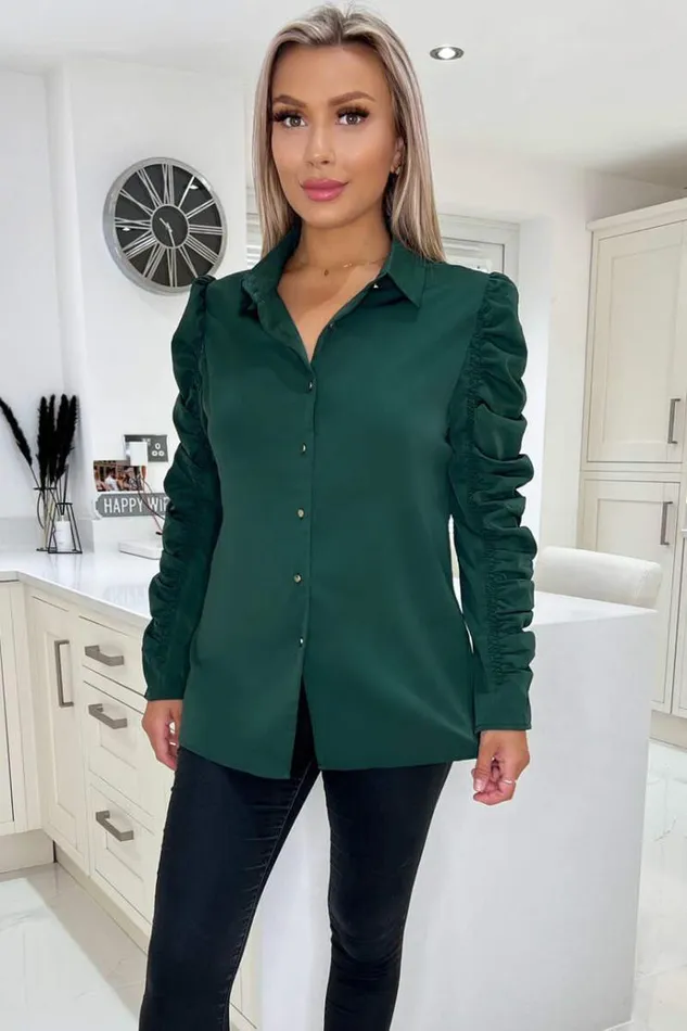 AX Paris Teal Ruched Long Sleeve Shirt Women Tops
