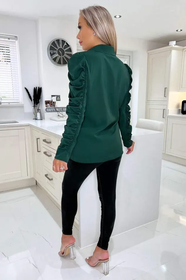 AX Paris Teal Ruched Long Sleeve Shirt Women Tops