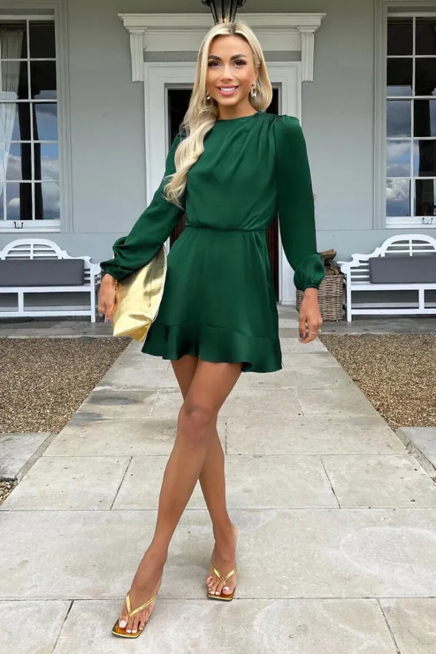 AX Paris Teal Satin Long Sleeve Pleated Shoulder Mini Dress Women Dresses