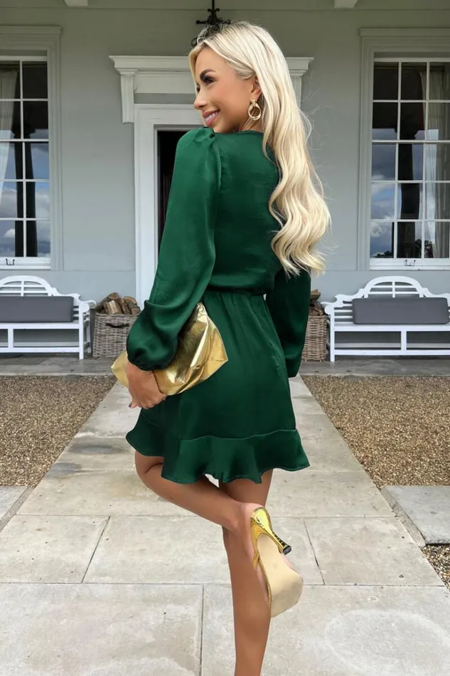 AX Paris Teal Satin Long Sleeve Pleated Shoulder Mini Dress Women Dresses