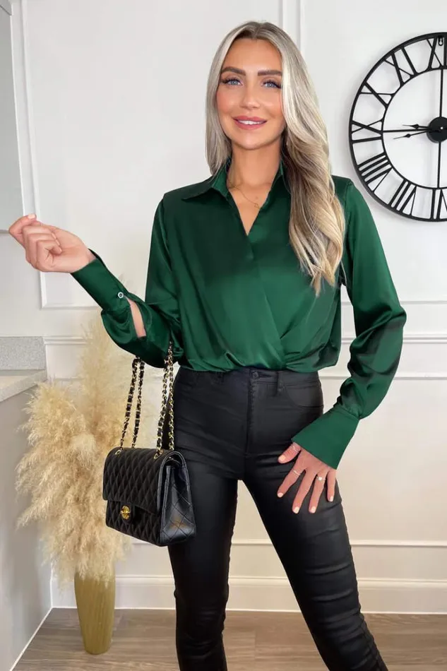AX Paris Teal Satin Wrap Shirt Bodysuit Women Bodysuits