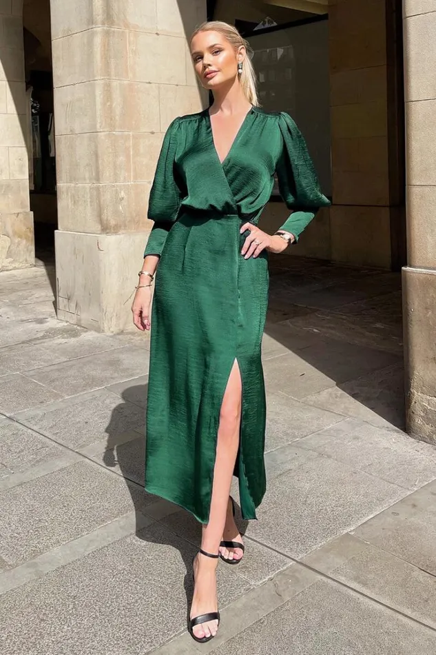 AX Paris Teal Satin Wrap Top Long Sleeve Midi Dress Women Dresses