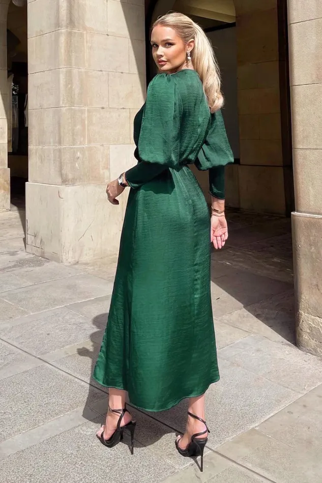 AX Paris Teal Satin Wrap Top Long Sleeve Midi Dress Women Dresses