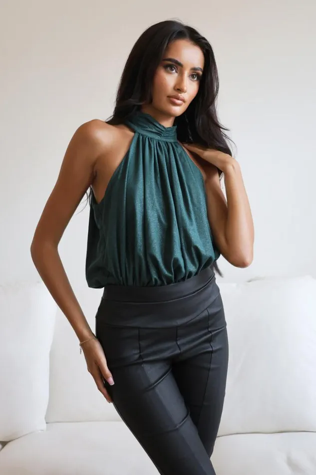 AX Paris Teal Shimmer Halterneck Bodysuit Women Tops