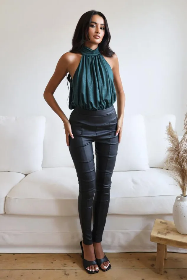 AX Paris Teal Shimmer Halterneck Bodysuit Women Tops