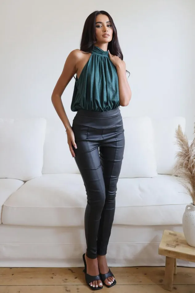 AX Paris Teal Shimmer Halterneck Bodysuit Women Tops