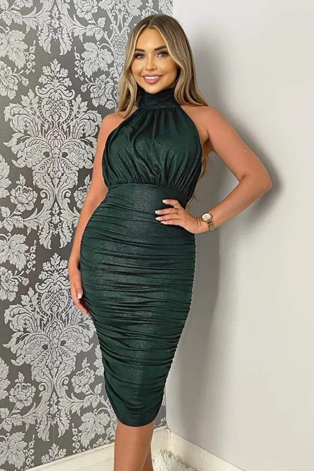 AX Paris Teal Shimmer High Neck Ruched Bodycon Midi Dress Women Dresses